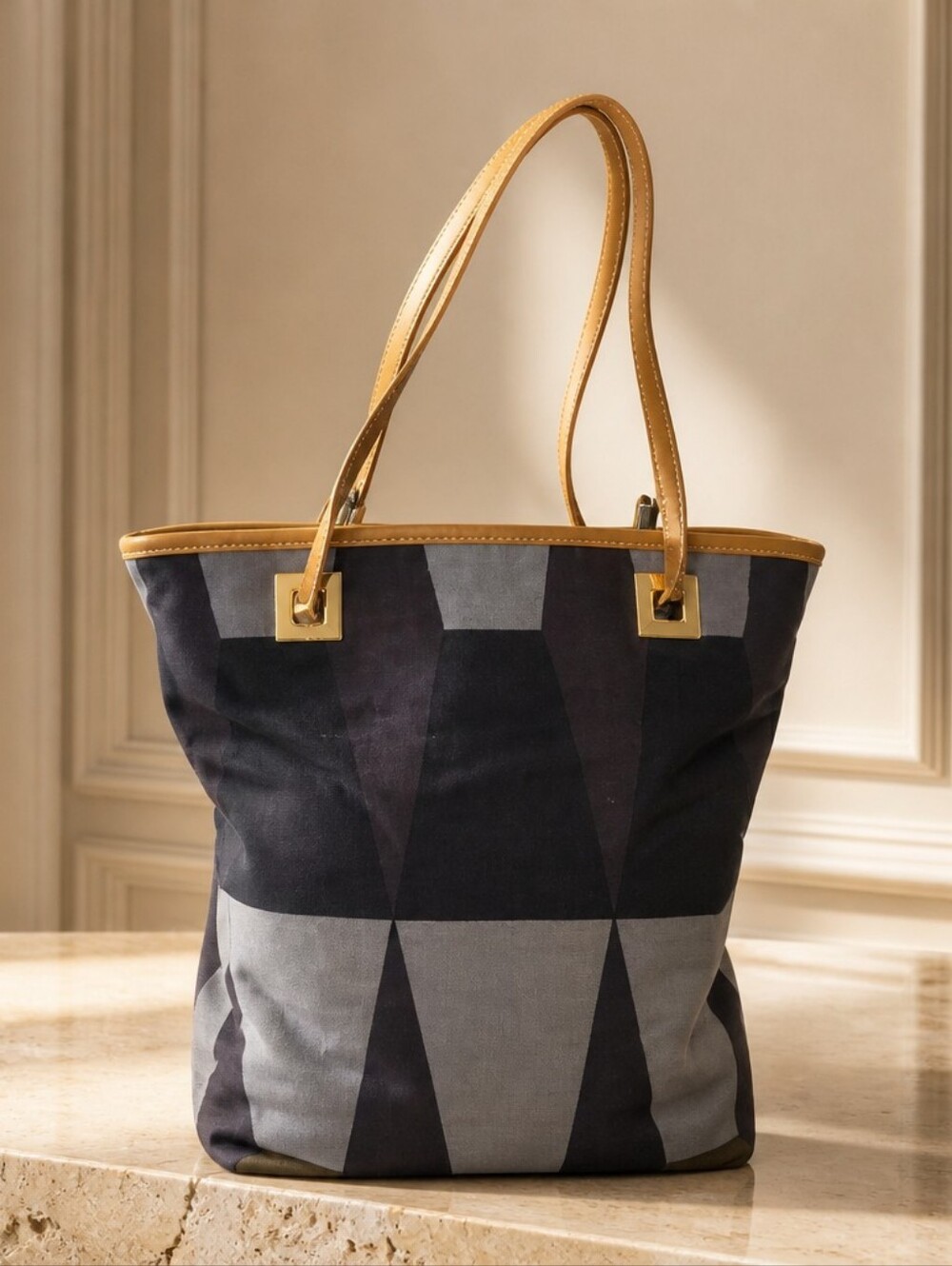 Gucci Geometric Canvas Tote in Black, Gray and Tan And Gucci Dust Bag